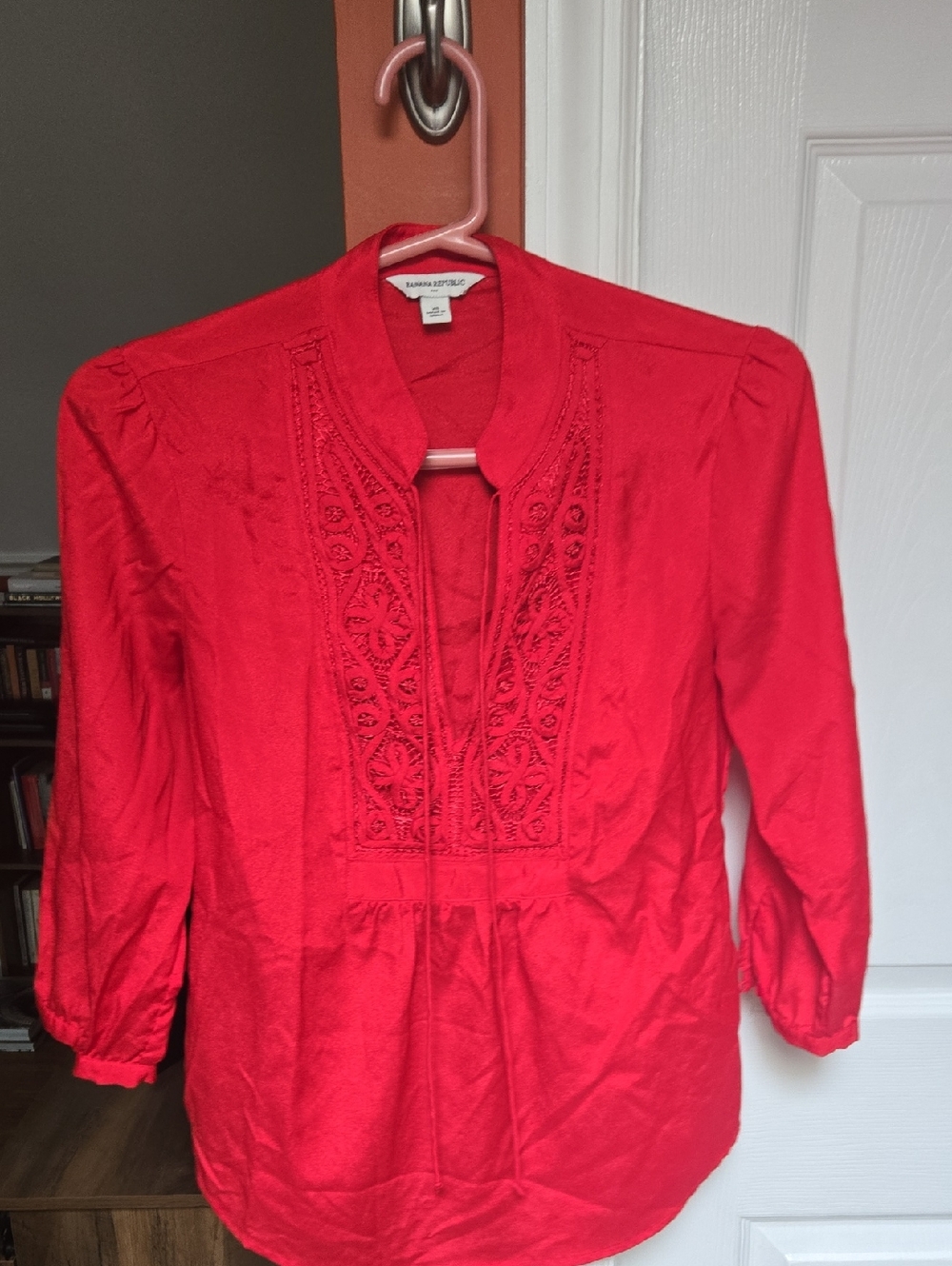 Banana Republic Red Embroidered Tie-Neck Blouse